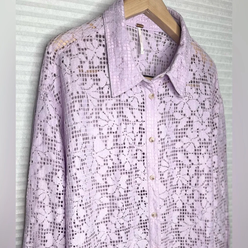 FREE PEOPLE in your dreams lace button down lavender XL oversized lace bohemian